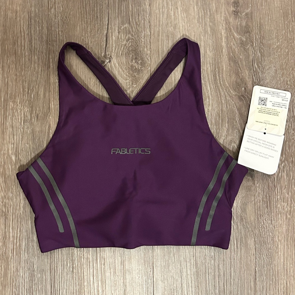 Fabletics Purple High-Neck Sports Bra with Reflective Accents